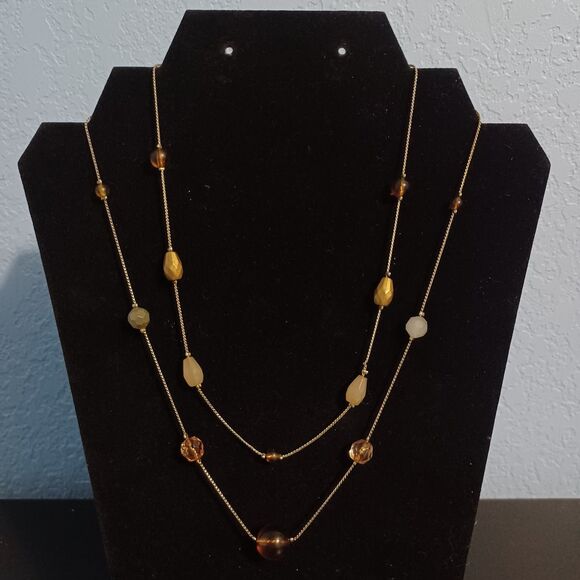 Silver-Toned Double Layered Necklace with Brown and Gray Beads, 20" - Picture 1 of 2